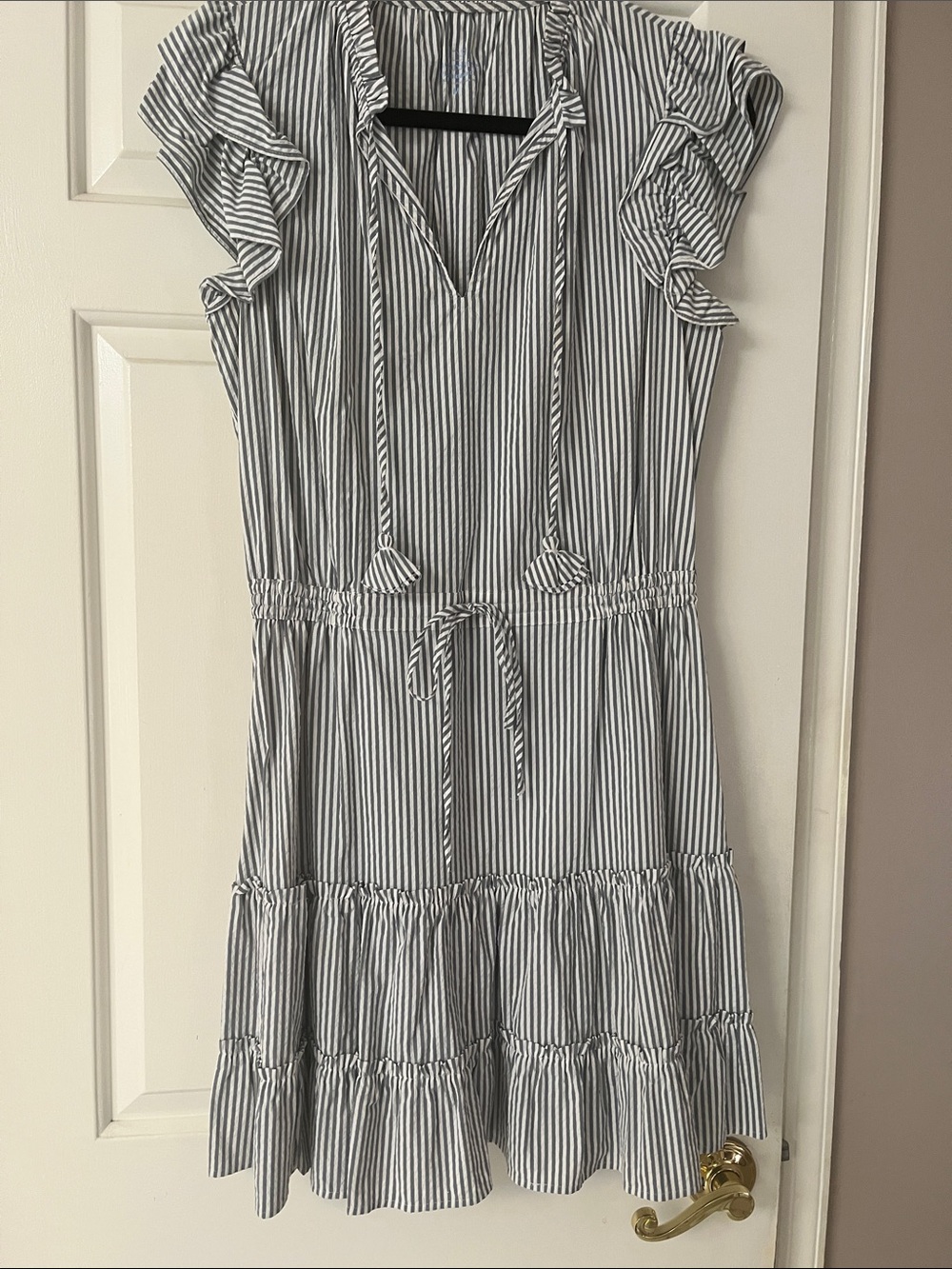 Vineyard Vines Blue & White Striped Tie-Waist Ruffle Sleeve Mini Dress
